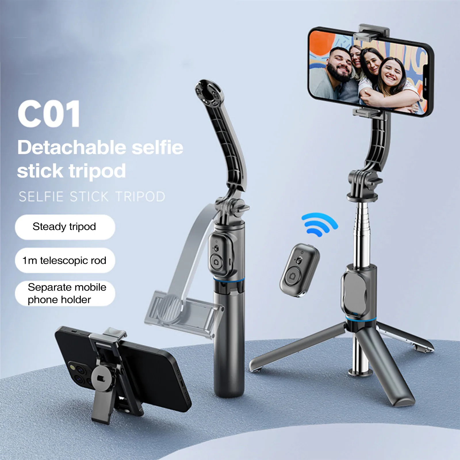 C01 trípode con control remoto Bluetooth para Cámara de Acción Smarthone, palo Selfie con Clip desmontable para teléfono, Vlog - imagen 2