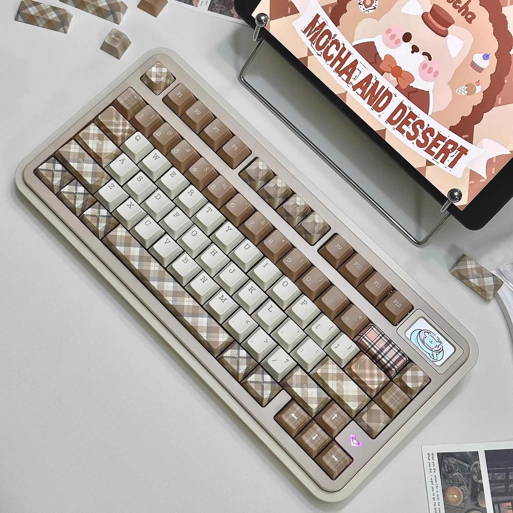 Teclas con tema de oso a cuadros Retro, teclas con perfil de cereza, teclas PBT originales, 138 teclas, interruptor MX personalizado, tapas para teclado mecánico