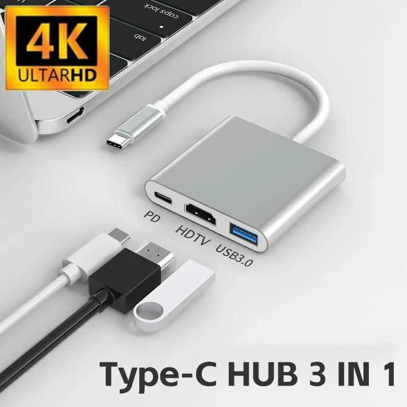 Adaptador de carga Usb 3,1 tipo C a HDTV, Hub 3 en 1, estación de acoplamiento, divisor para portátil, Macbook Air Pro, 4K