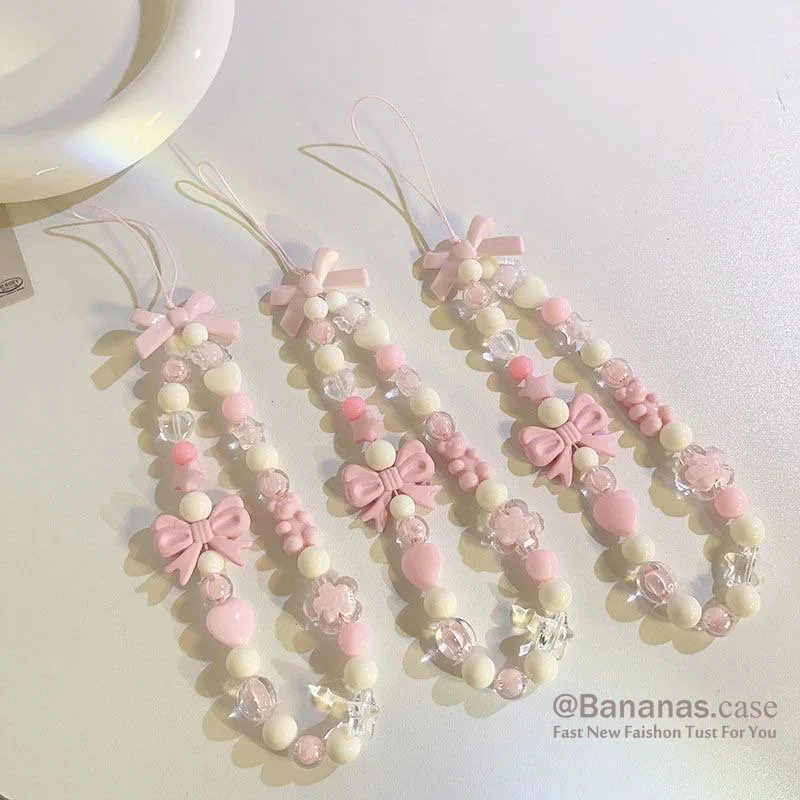 Amor corazón lazo nudo correa de muñeca corte dibujos animados teléfono encantos anti-pérdida cordón para teléfono móvil cuentas cuerda hecha a mano llavero colgante