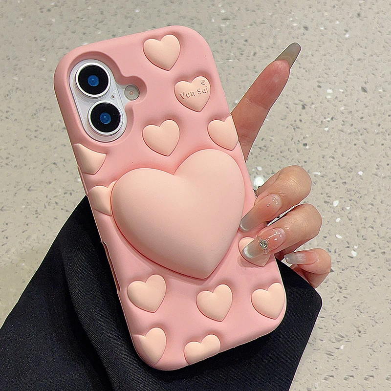 Funda de descompresión con soporte de corazón de amor 3D rosa para iPhone 16 15 13 14 12 Pro Max, funda de teléfono de silicona suave - imagen 2