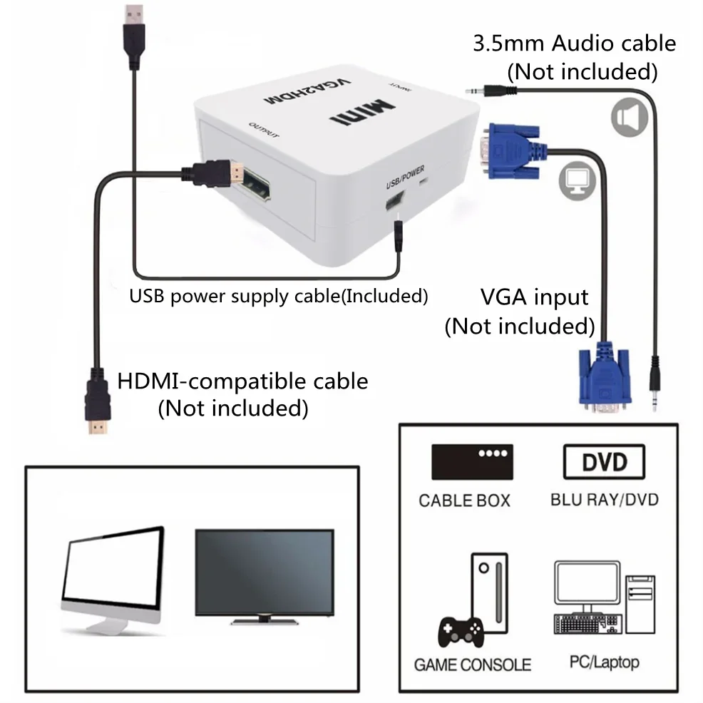 LccKaa-caja adaptadora convertidora compatible con VGA a HDMI, 1080P, con salida de Audio, adaptador VGA a HDMI para PC, portátil, proyector HDTV - imagen 4