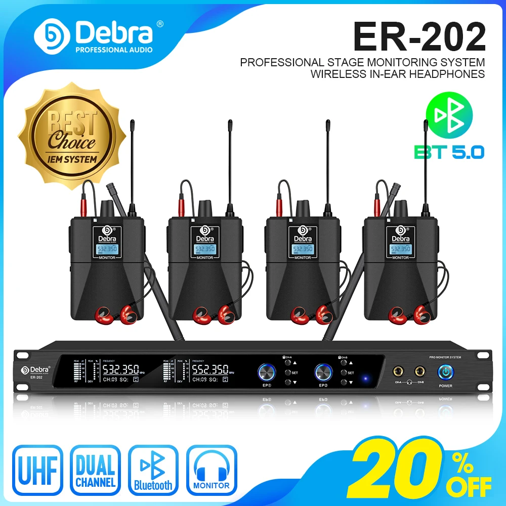 Debra ER-202 sistema de Monitor de oído inalámbrico UHF de Audio de escenario con transmisor múltiple para cantante de puesta en escena