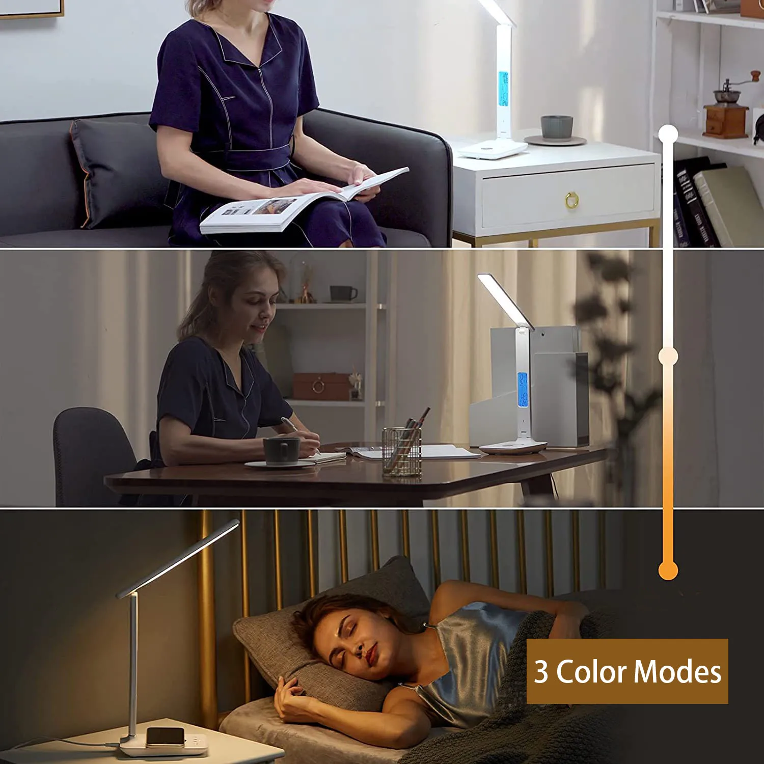 Lámpara LED de escritorio con carga inalámbrica, reloj despertador Digital de 10W con temperatura de calendario, protección ocular, luz de negocios para estudio, lámpara de mesa - imagen 4