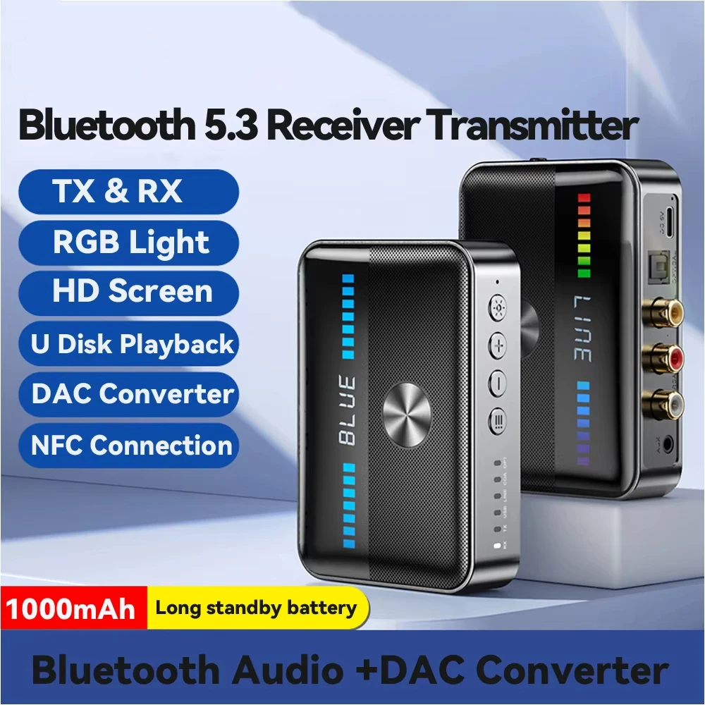 Transmisor receptor de Audio NFC Bluetooth 5,3, luz colorida RGB, USB, 3,5 MM, AUX, RCA, convertidor óptico Coaxial DAC, adaptador inalámbrico - imagen 2