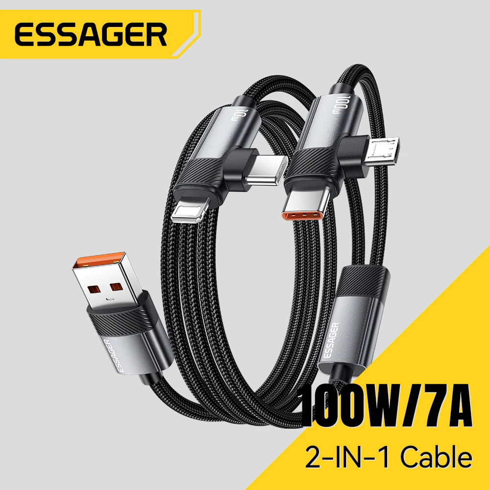 Essager Cable 2 en 1 de ángulo recto USB A a tipo C Lightning Micro 100W 7A Carga súper rápida para iPhone 16 15 iPad Samsung OPPO