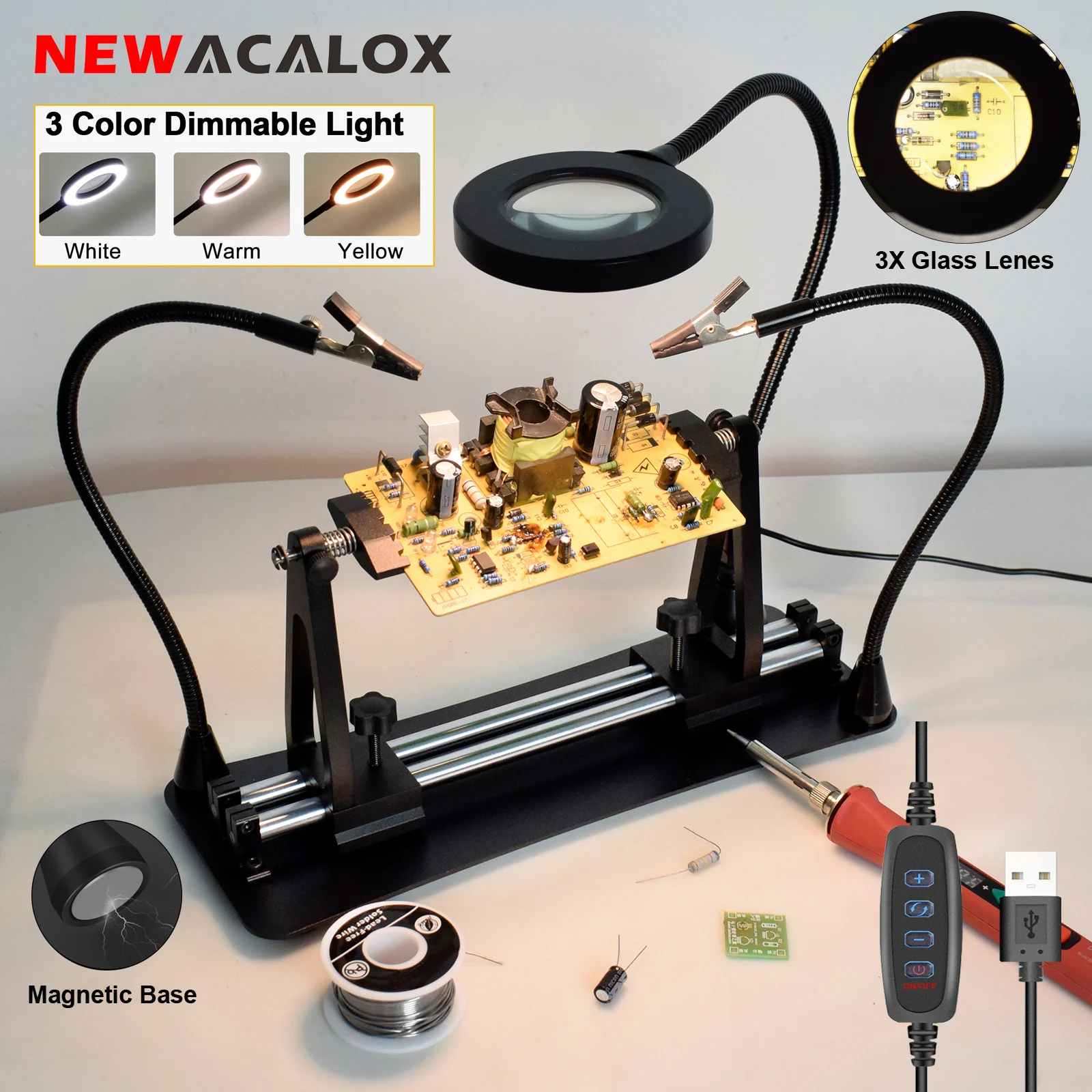 NEWACALOX-soporte de PCB volteador, herramienta de soldadura de manos que ayuda con lupa iluminada LED 3X, estación de retrabajo de tercera mano - imagen 2