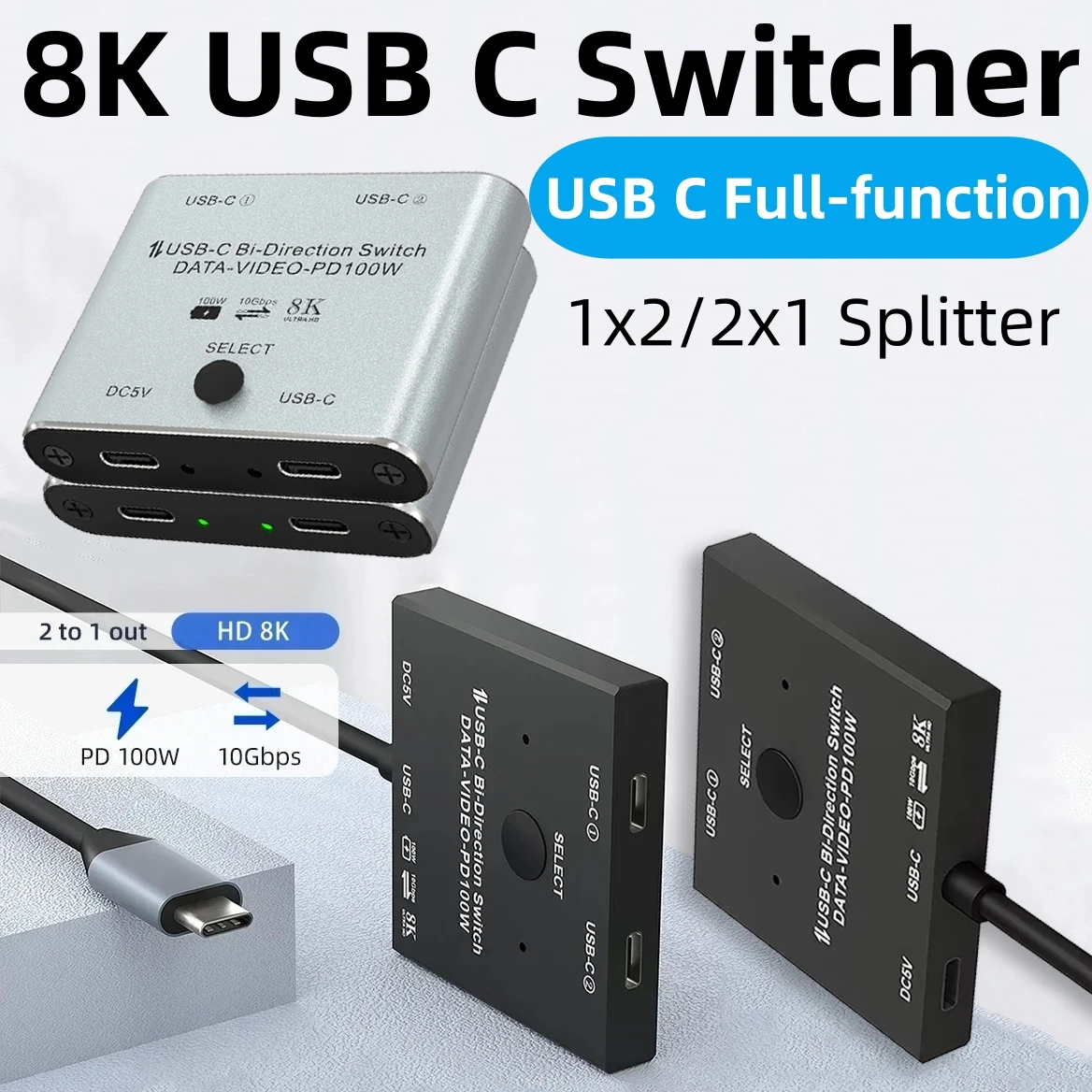 Selector de interruptor KVM USB C 1x2/2x1 bidireccional, Cable divisor USB C Gen2, compatible con vídeo 8K, transferencia de datos de 10Gbps, carga PD100W