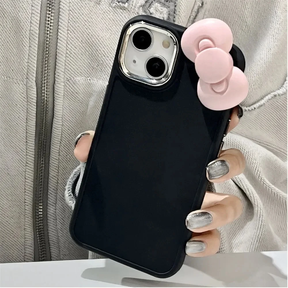 Funda de teléfono coreana con lazo rosa 3D para iPhone 16 15 14 13 12 11 Pro Max X Color sólido a prueba de golpes funda de lujo de silicona suave - imagen 4