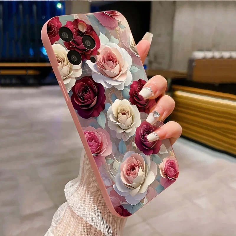 Funda de teléfono de lujo con estampado Floral de rosas a prueba de golpes para iPhone 16 Pro Max 15 14 13 12 11 XS X XR 7 8 Plus 16 funda suave a prueba de golpes - imagen 3