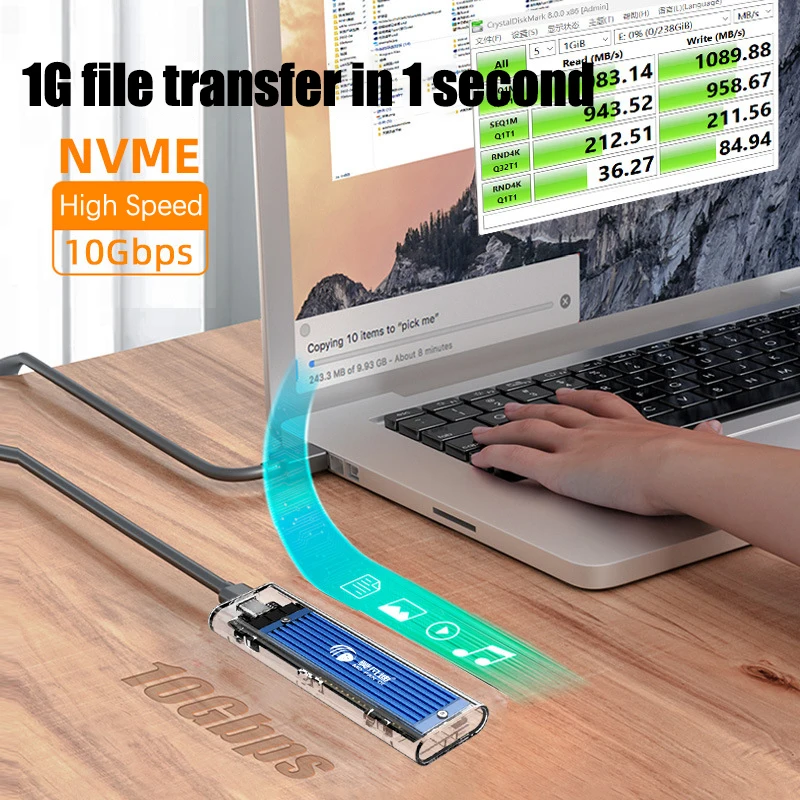 M. 5 Caja de disco duro de protocolo dual NVMe/NGFF de estado sólido con disipación de calor de aleación Disco duro móvil SSD transparente USB 3.1 - imagen 4