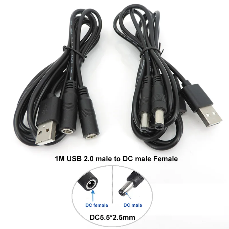 1M USB 2,0 macho a 2 vías DC macho hembra fuente de alimentación conector divisor Cable adaptador 22awg 3A A07
