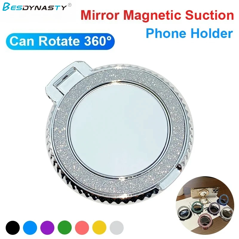 Adhesivo trasero magnético con estampado de diamantes de lujo 360 °   Soporte magnético para teléfono con espejo giratorio Adecuado para varios modelos de teléfonos
