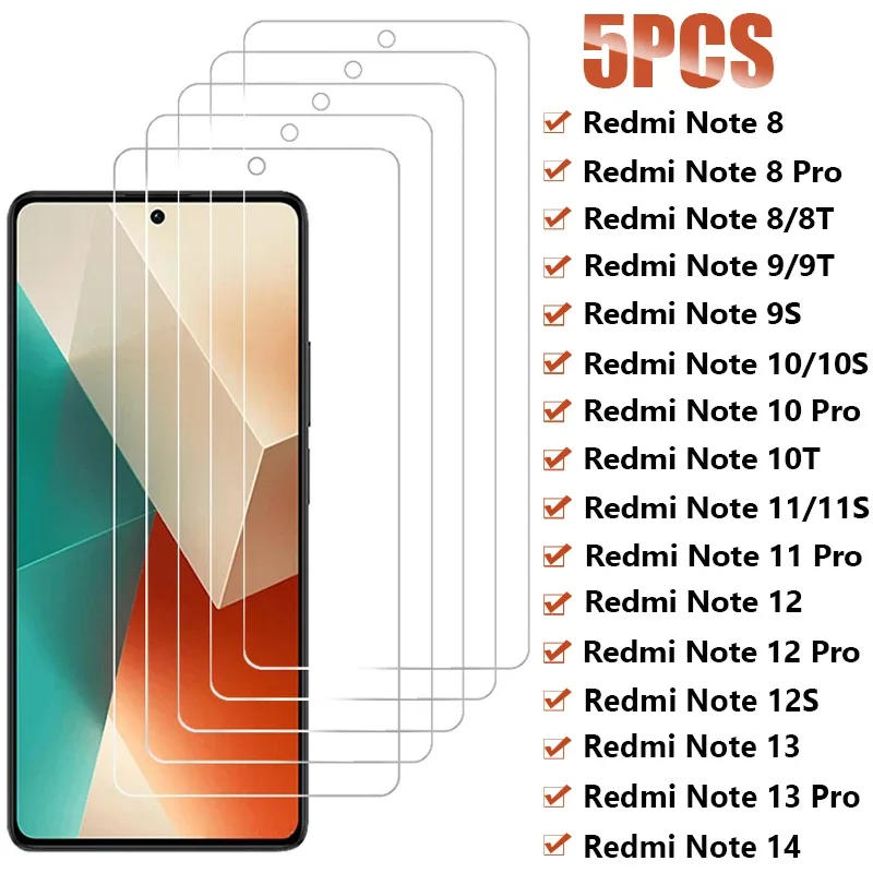 5 uds vidrio templado para Xiaomi Redmi Note 12 13 Pro 12S 14 5G Protector de pantalla en Redmi Note 11 10 9 8 Pro 11S 10S 9S 8T vidrio