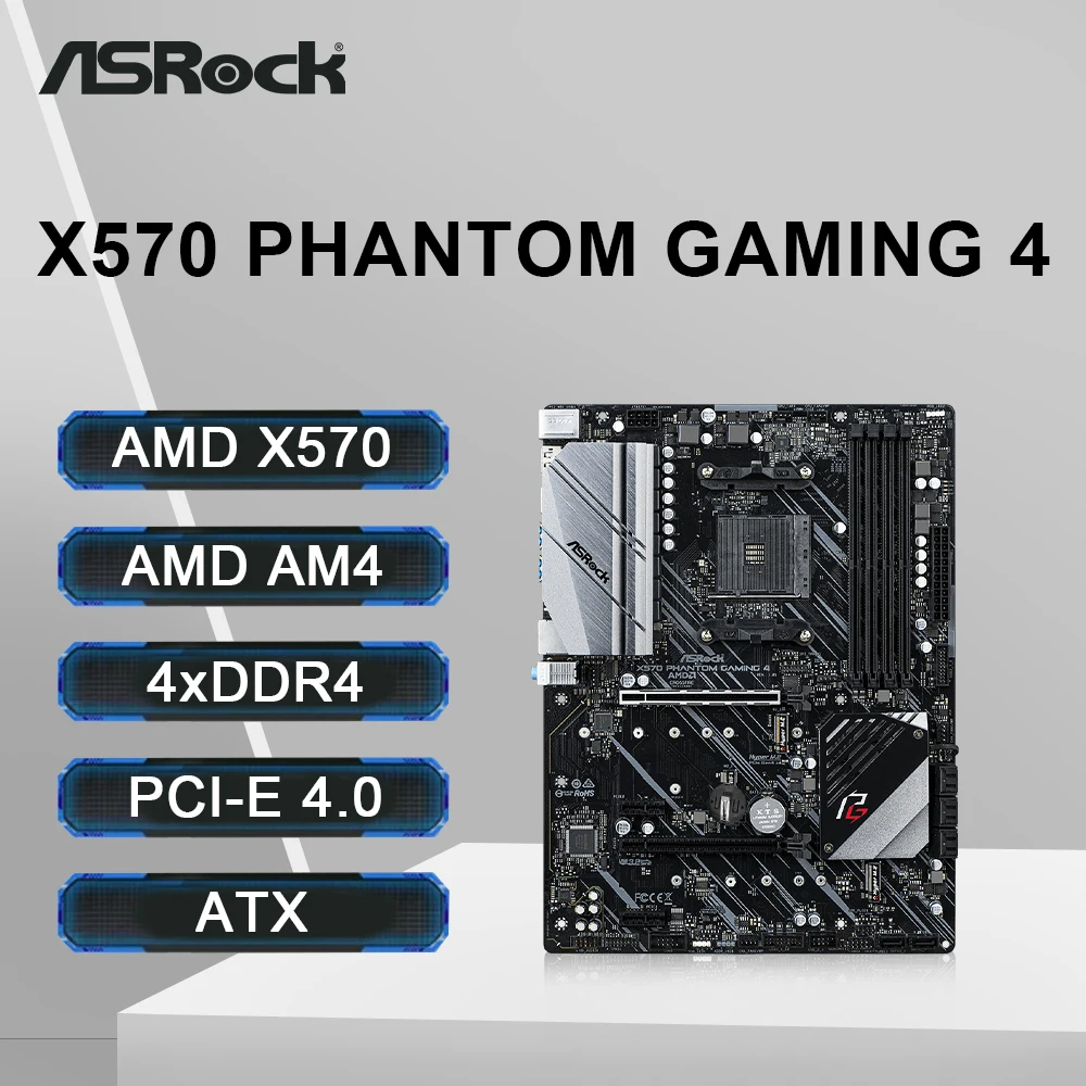 Placa base ASRock X570 Phantom Gaming 4 AM4 Socket DDR4 4066+ (OC) NVME M.2 PCIe 4,0 compatible con CPU Ryzen 5 5600 5600G R7 5700X3D