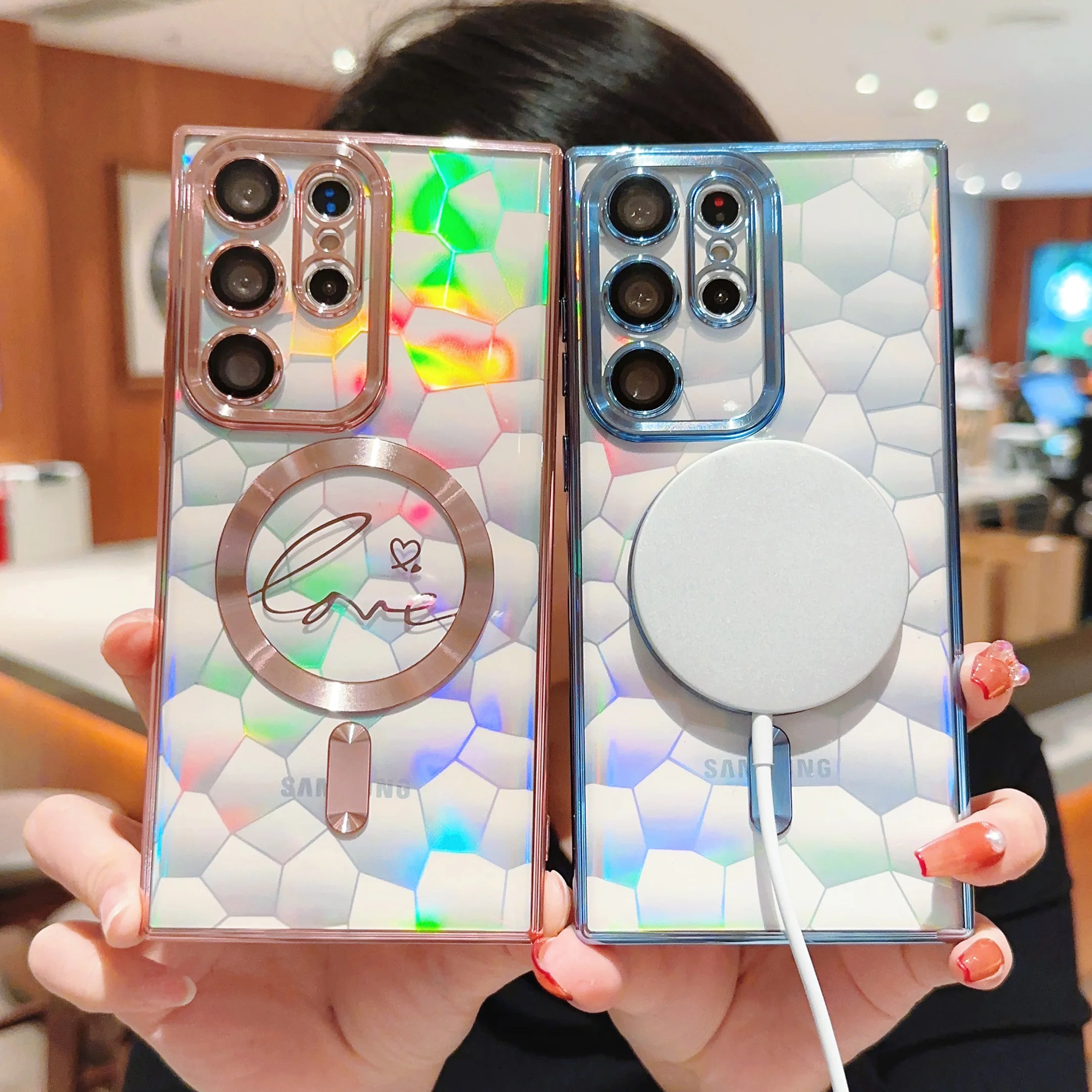 Funda magnética Magsafe transparente de lujo para Samsung Galaxy S23, S22 Ultra Plus, S21, lente geométrica holográfica, protección de parachoques suave - imagen 4