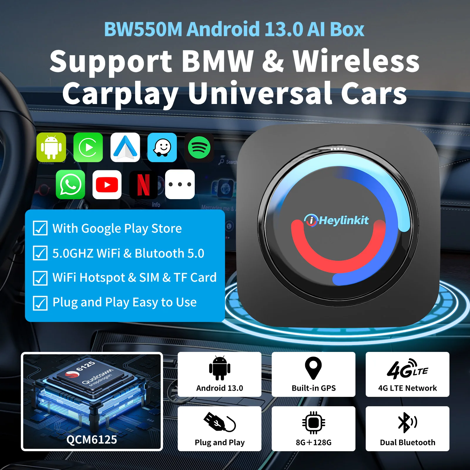 IHeylinkit BW550M Smart Ai Box adaptador CarPlay inalámbrico Android Auto Android13.0 QCM6125 compatible con Software de videojuegos Google Play - imagen 2