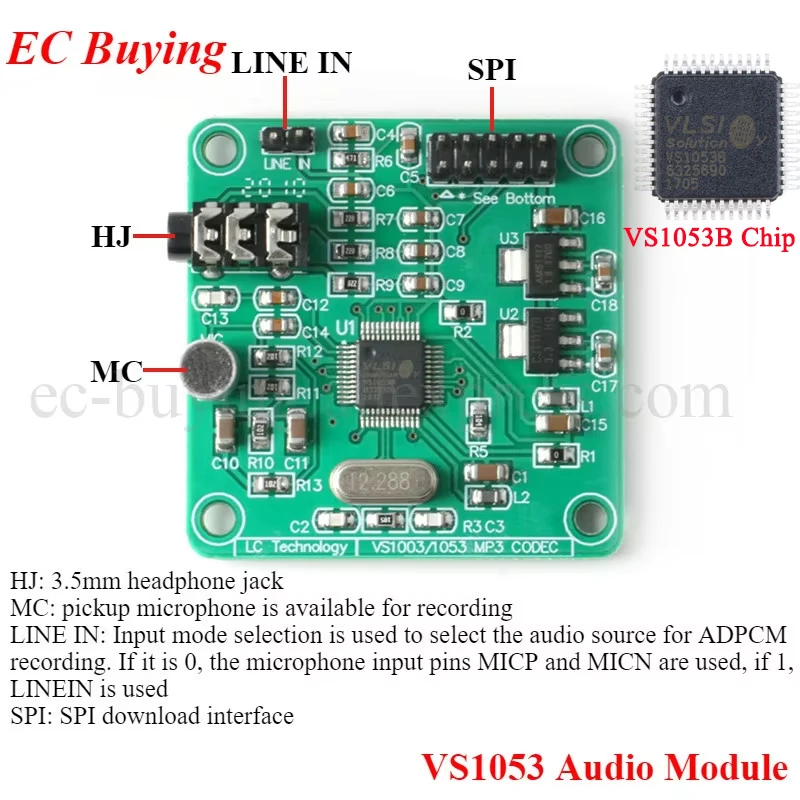 Módulo de reproductor MP3 de Audio VS1053, placa de desarrollo de grabación integrada, codificación SPI OGG, filtro de señal de Control de registro DC 5V, 5 uds./1 ud. - imagen 2