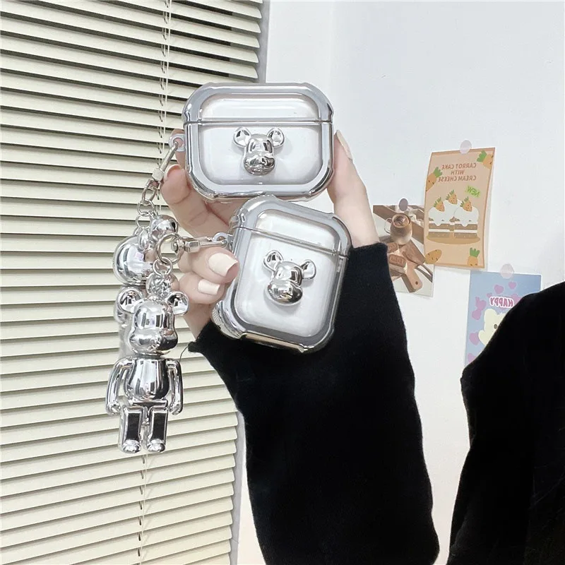 Oso 3D adecuado para AirPods Pro2 Apple Bluetooth funda para auriculares inalámbricos 3 plateado transparente 2 funda protectora - imagen 3