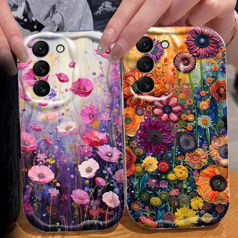 Funda de teléfono con pintura al óleo de flores para Samsung S25 S24 S23 S22 S21 S20 A04 A05s A05 A06 Ultra Plus FE 5G Wave Oil