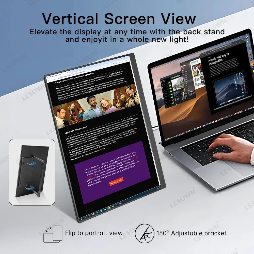 LESOWN Monitor portátil para juegos 120Hz 16 pulgadas USB C 2560x1600 pantalla externa ultradelgada con altavoces segunda pantalla para ordenador portátil - imagen 2