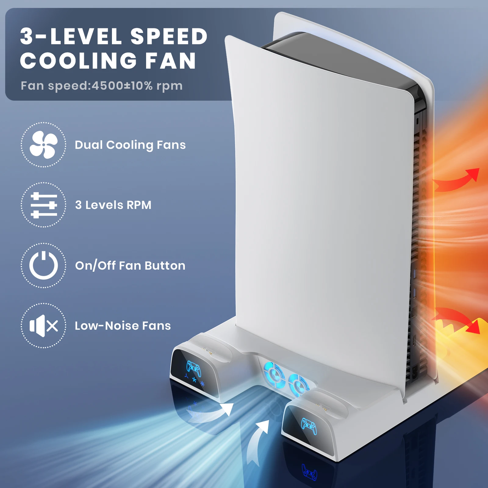 for PS5 With 3 Levels Cooling Fan for PS5/PS5 Slim/PS5 Pro Stand with Headphone Hook Cooling Stand & Controller Charging Station - imagen 2