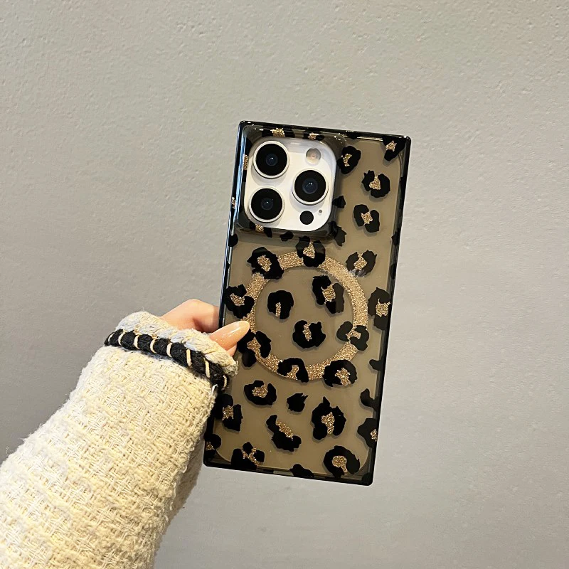 Elegante rectángulo borde leopardo magnético carga inalámbrica teléfono caso para iPhone 17 16 15 14 13 12 Pro Max duro TPU contraportada - imagen 4