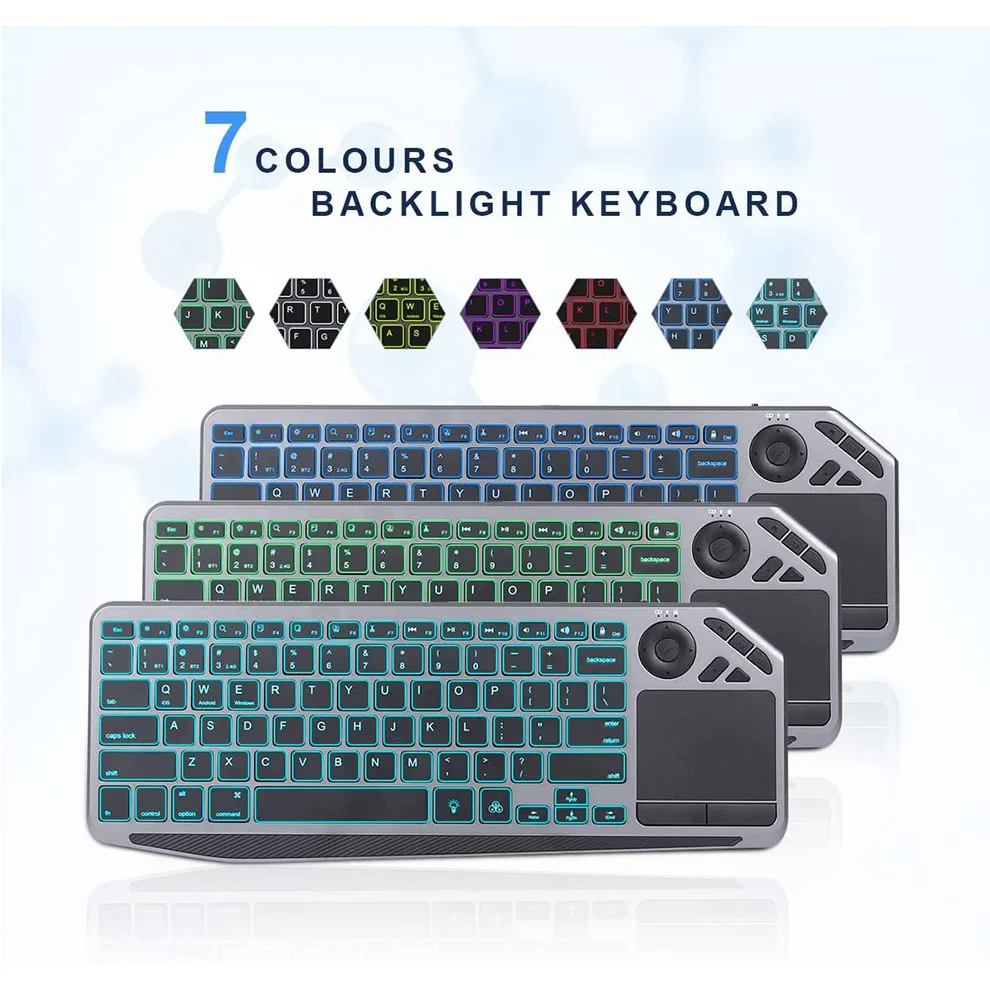 Teclado inalámbrico de TV con panel táctil, dispositivo recargable con Bluetooth, retroiluminado, 7 colores, 2,4G, para Smart TV, iOS, iPhone/IPad