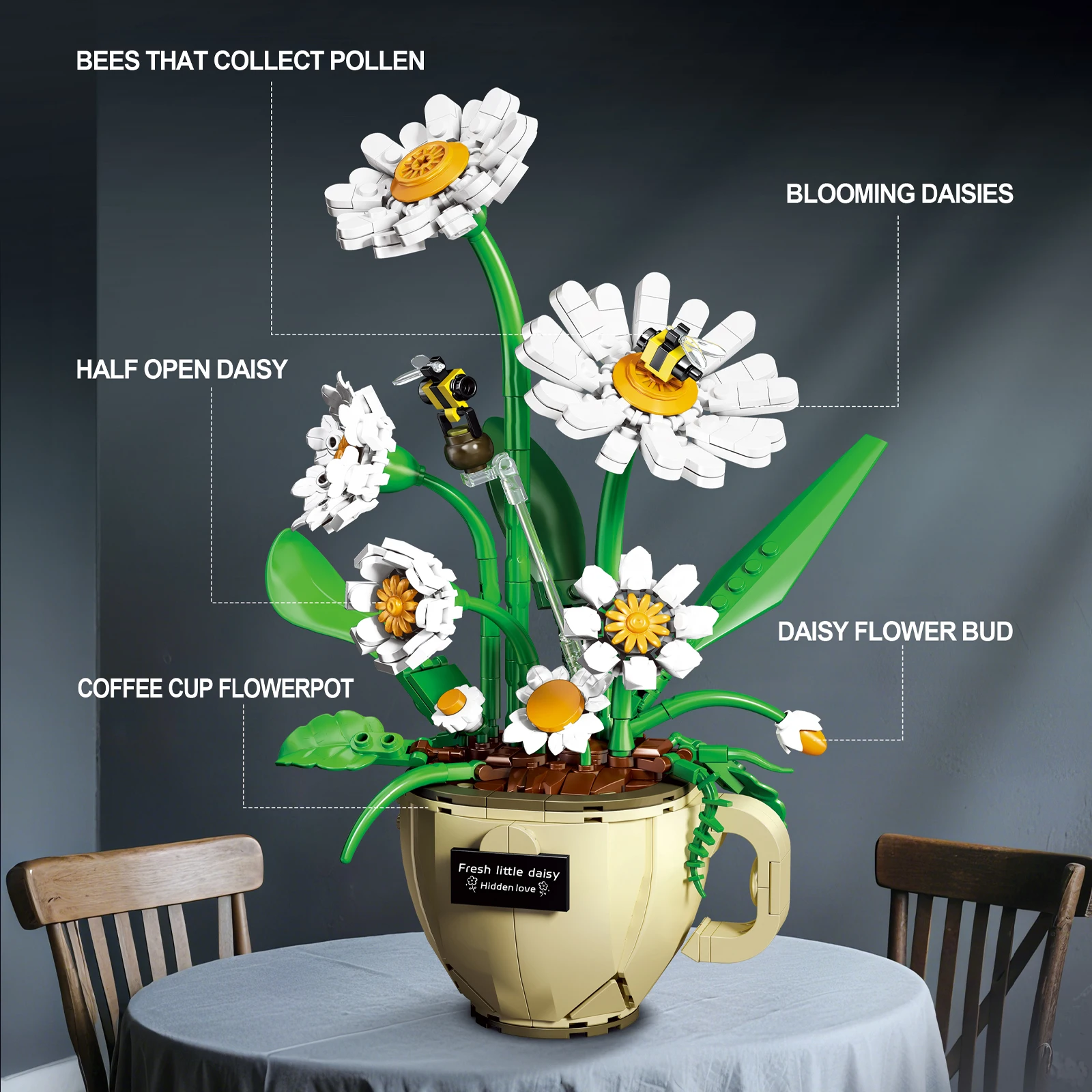 Bloques de construcción MOC, modelo de flores, taza de café, Margarita, ensamblaje de partículas pequeñas, ladrillos, maceta creativa, ramo de plantas, adornos, regalo - imagen 3