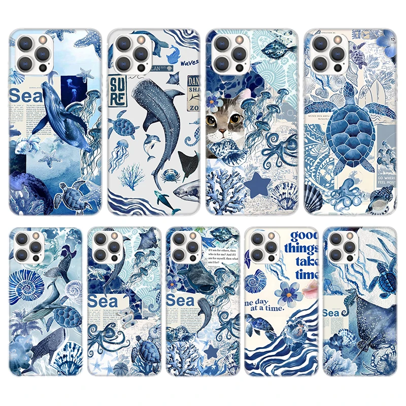 Océano estrella de mar tortuga marina tiburón silicona llamada teléfono caso para iPhone 11 12 Mini 13 Pro X XS Max XR 7 8 Plus 6 6S 5 5S SE 2020 Cove