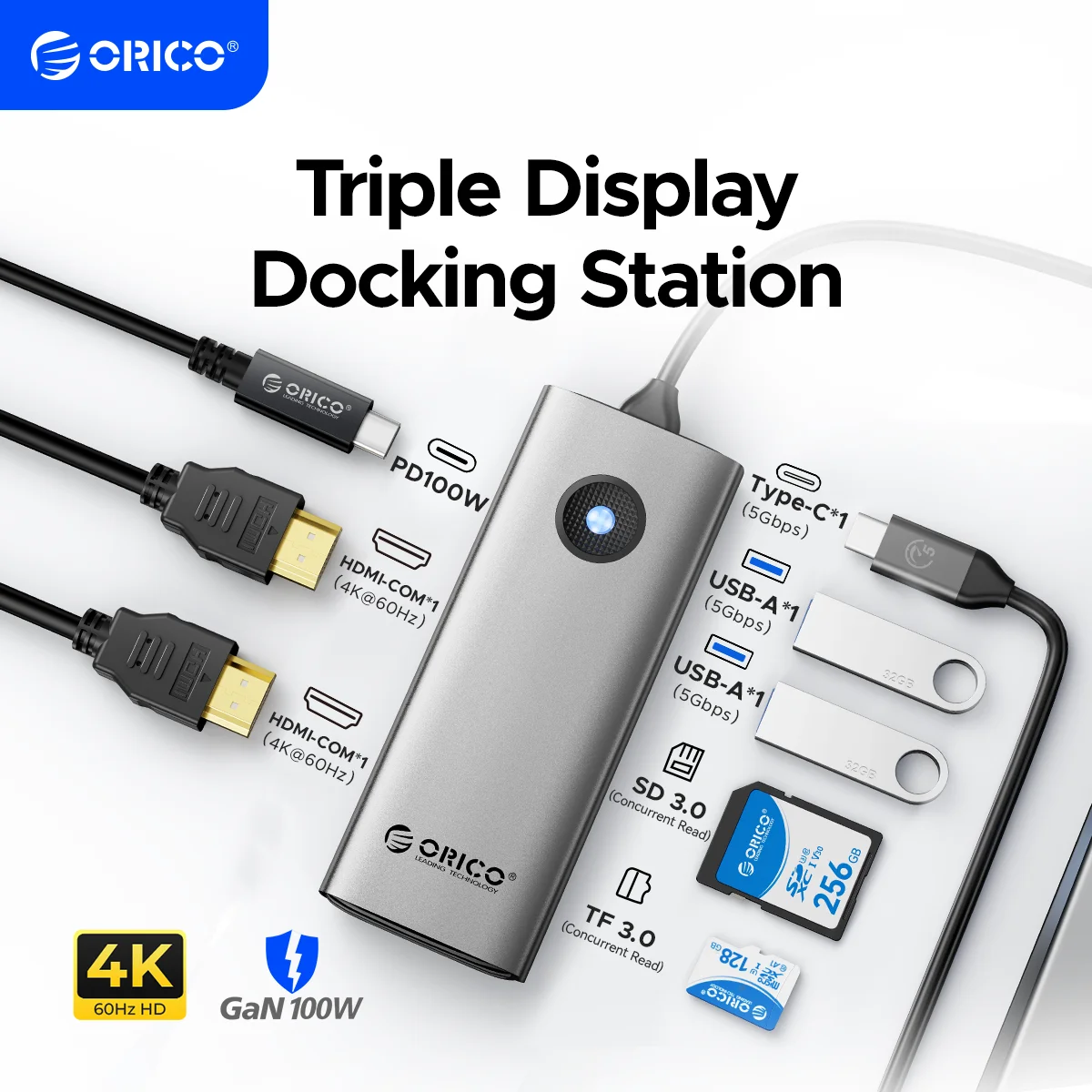 ORICO 8-en-1 USB 3,0 HUB Triple pantalla expansor dos HDMI-COM 4K60HZ PD100W adaptador divisor para MacBook portátil estación de acoplamiento