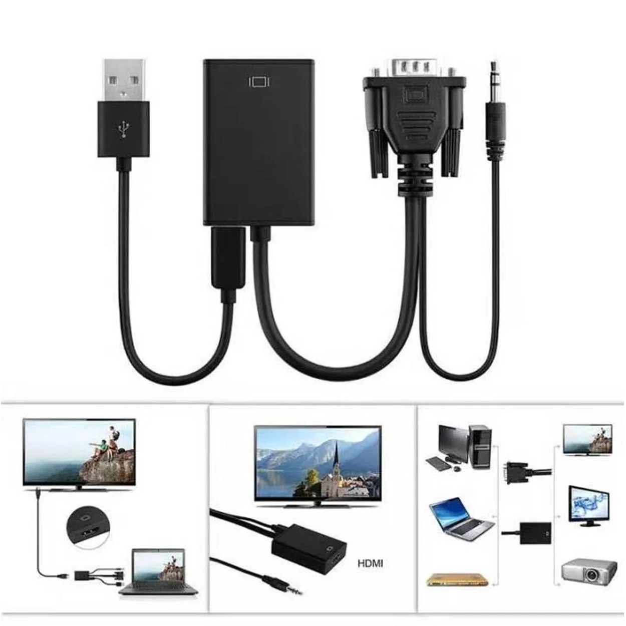 Hannord-Adaptador convertidor compatible con VGA a HDMI, Cable macho a hembra con Audio 1080P, adaptador VGA para PC, portátil, proyector HDTV - imagen 5