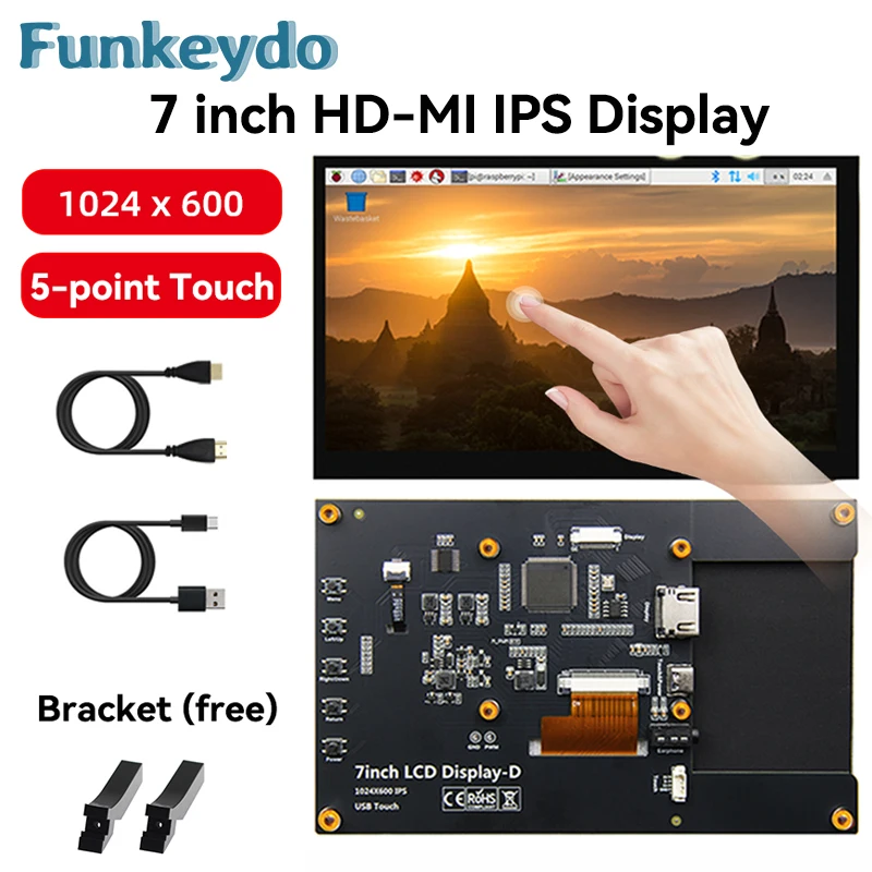 Pantalla Táctil IPS de 7 Pulgadas para Raspberry Pi 5, Módulo LCD de 1024x600 Compatible con HDMI, Mini Monitor Portátil para RPI 3B+ 4B PS4
