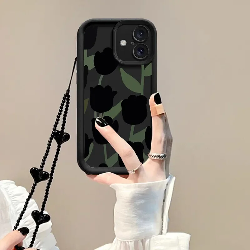 Funda de cadena de teléfono con corazón de amor de tulipán negro para Oneplus 12 11 10R 11R 12R 8T One Plus NORD CE 2 3 4 LITE pulsera cubierta suave - imagen 4