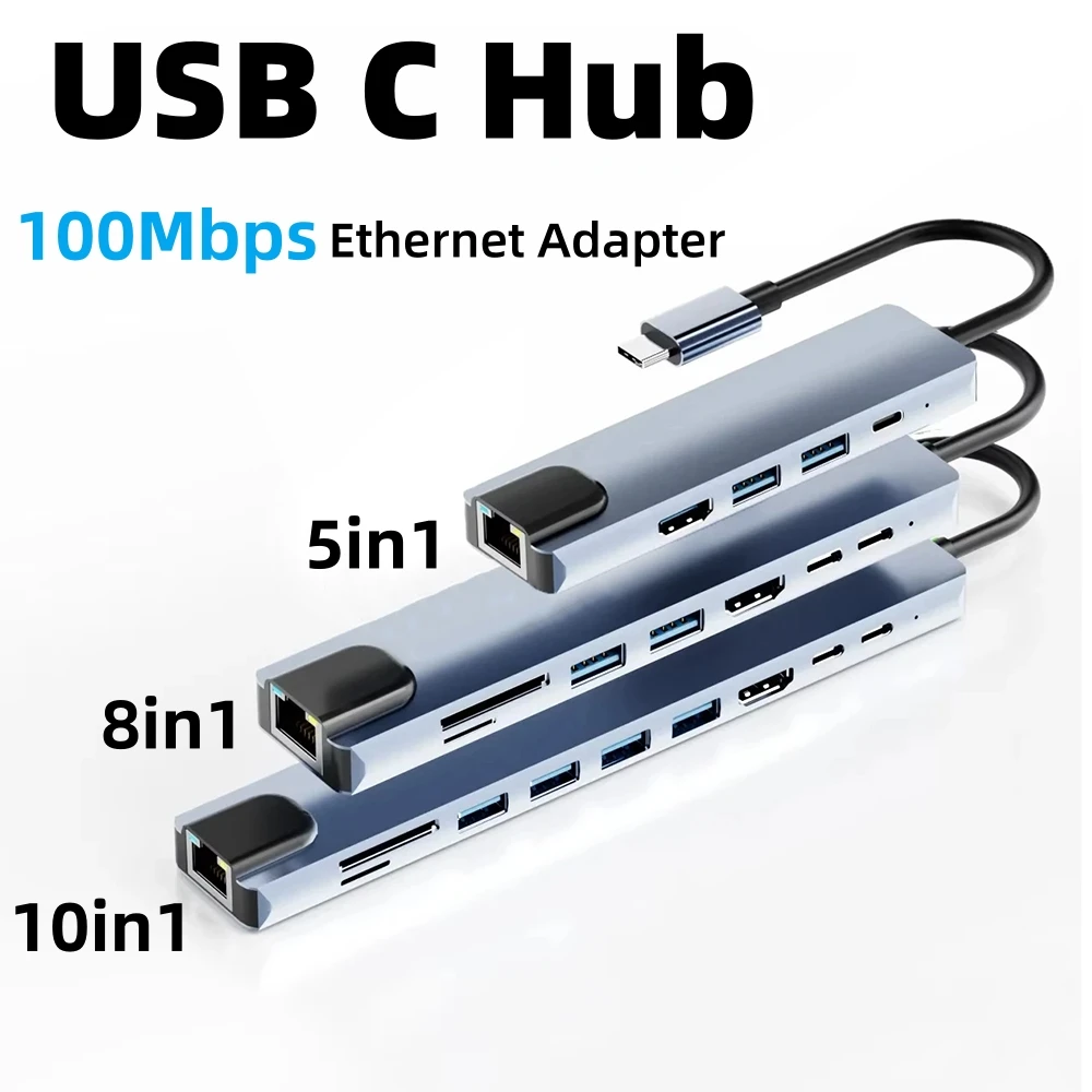 Hub USB C Thunderbolt3/4 a 4K @ 30Hz pantalla HD RJ45 adaptador Ethernet de 100Mbps divisor USB multipuerto con PD para acoplamiento de ordenador portátil
