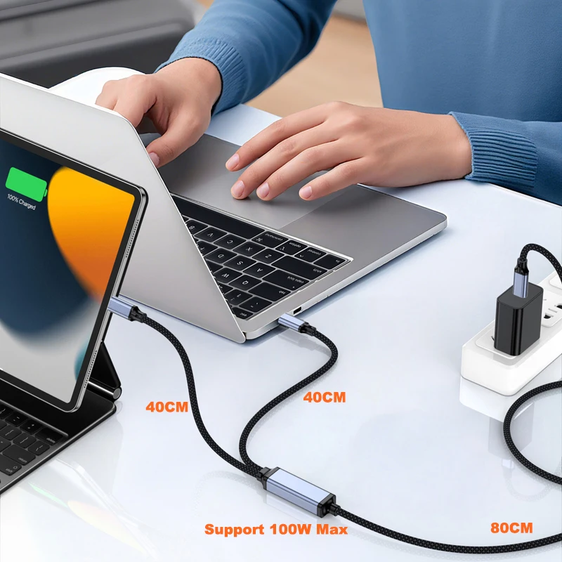 Cable PD 100W USB tipo C para iPhone 15 16 17 Pro 2 en 1 cargador de carga rápida USBC para Macbook Samsung Cable de datos divisor de energía - imagen 4