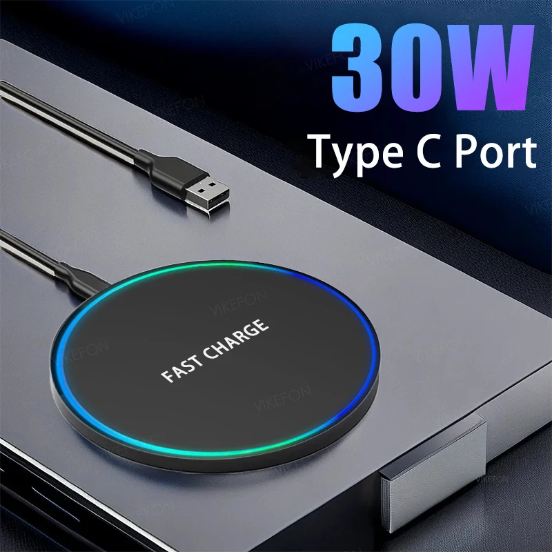 MINI almohadilla de carga inalámbrica de 30W para iPhone 17, 16, 15, 14, Samsung, Xiaomi, luz Led de inducción tipo C, estación de carga rápida