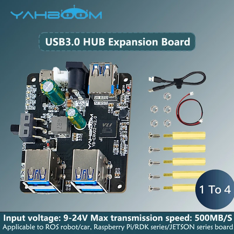 Placa de expansión USB Hub 3,0, divisor multi USB para Raspberry Pi 5/4B Jetson Ros robótico, 4 puertos USB con Micro carga, alimentación de 9-24V