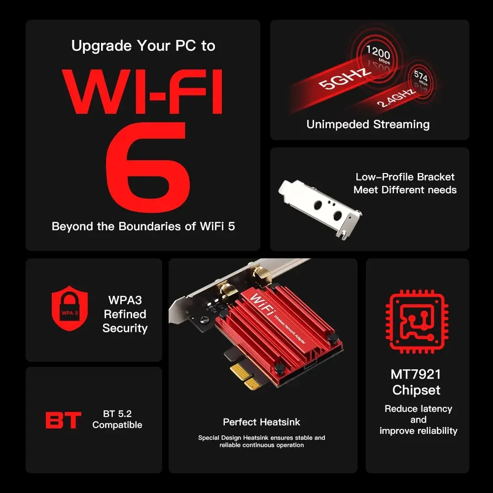 FENVI WiFi6 AX1800 adaptador PCIE inalámbrico 1800Mbps BT5.2 banda Dual 2,4G/5Ghz 802.11AX tarjeta de red Wi-Fi para PC de escritorio Win 10/11 - imagen 4