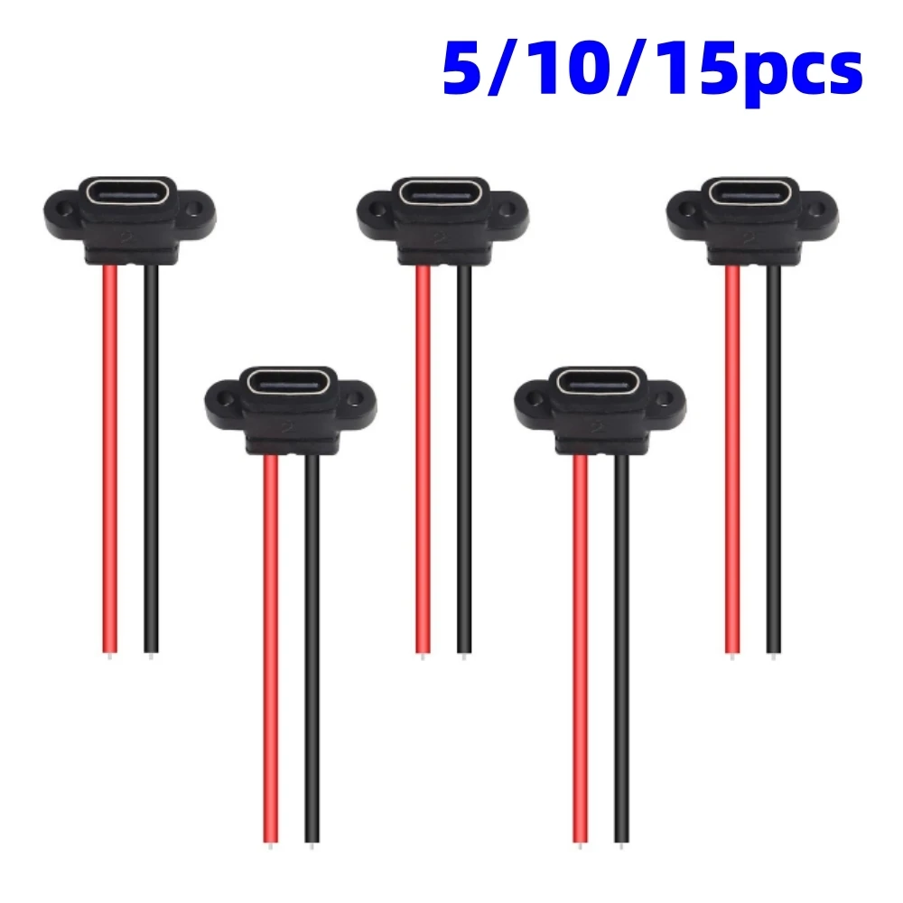 5/10/15 Uds. Chasis hembra tipo C negro plano conector hembra tipo C de 2 pines puerto de carga hembra enchufe de cargador de USB-C 3A