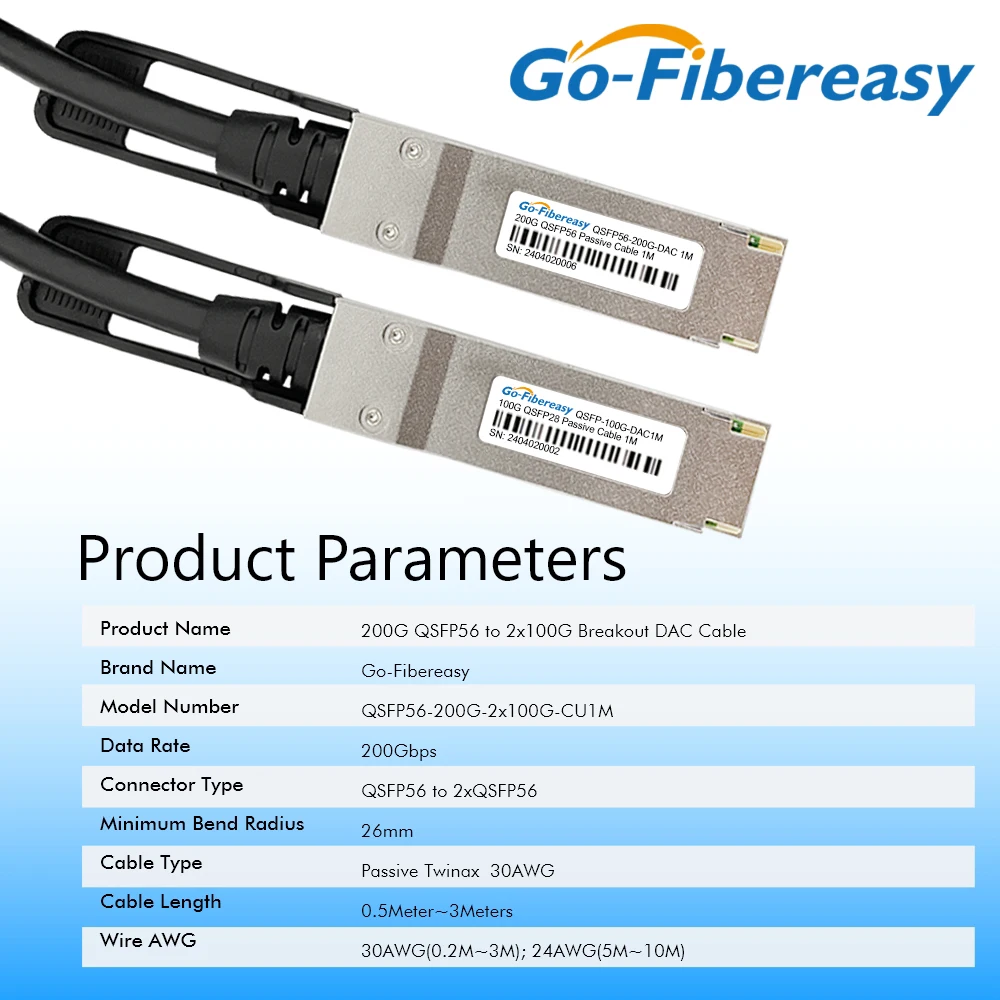 Cable DAC de 200G QSFP56 a 2x100Gb QSFP56, Cable de apilamiento de cobre de fijación directa de 0,5 m ~ 3M para equipo óptico de fibra Mellanox Juniper - imagen 2