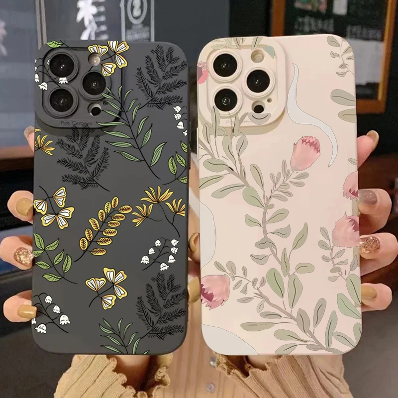 Funda de teléfono de silicona con plantas abstractas para Samsung Galaxy S24, S23 Ultra, S22 Plus, S21 FE, A14, A15, A34, A54, A33, A53, cubierta a prueba de golpes