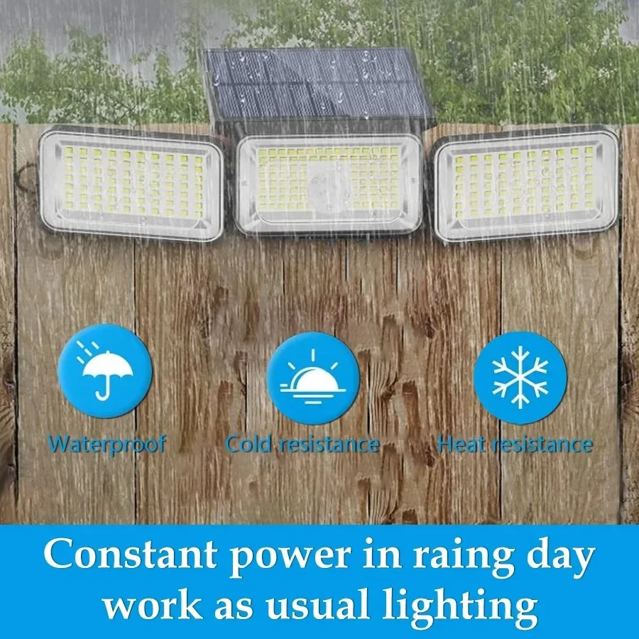Luz Solar LED 368, lámpara de calle Solar para exteriores de 3 cabezales con cabezal de iluminación ajustable de 3 modos para valla de jardín de garaje - imagen 5