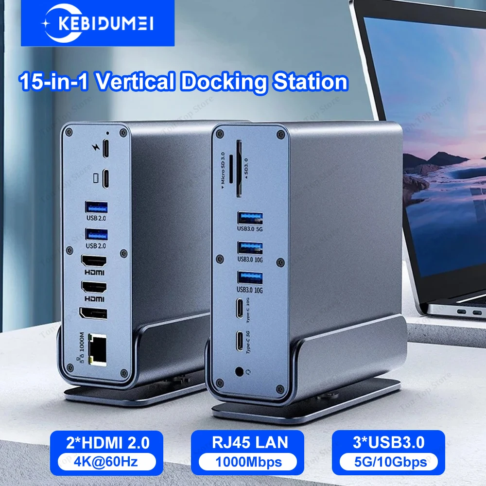 Estación de acoplamiento USB C 15 en 1, concentrador Vertical de 4K60Hz con Triple Monitor, RJ45 1000M, USB 3,0/2,0, PD100W, SD/TF, Audio 3,5 para Macbook - imagen 2