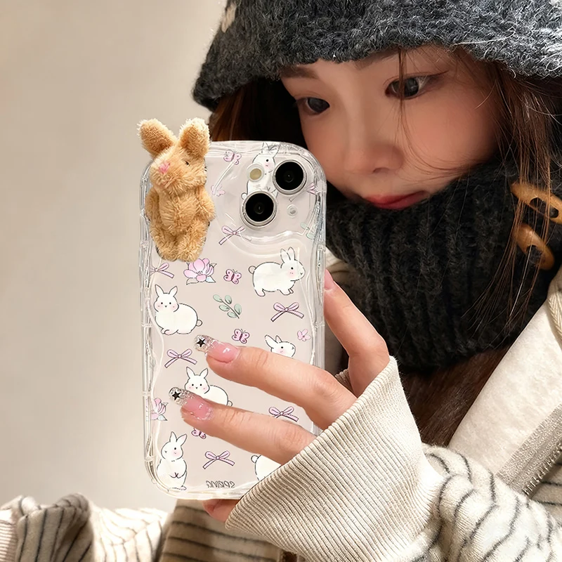 Funda con patrón de conejo para iPhone 12 11 Pro Max 8 7 6 6s Plus XS Max XR X SE 2020 13 12 Mini 3D Girl Rose Lotus Leaves Cover - imagen 5