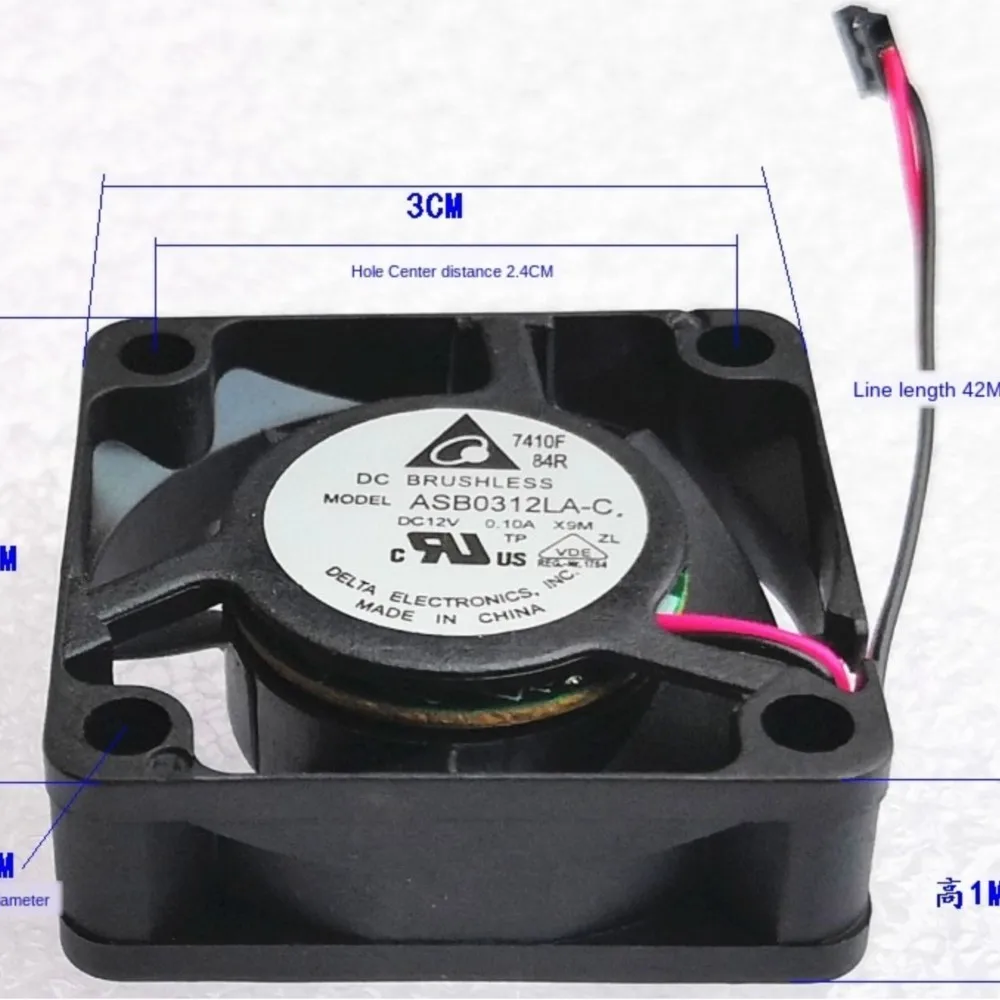 ASB0312LA-C Delta 3010 3cm 12V 0.10A Mini ventilador de refrigeración con rodamiento hidráulico, 8000RPM, 2 cables para electrónica - imagen 4