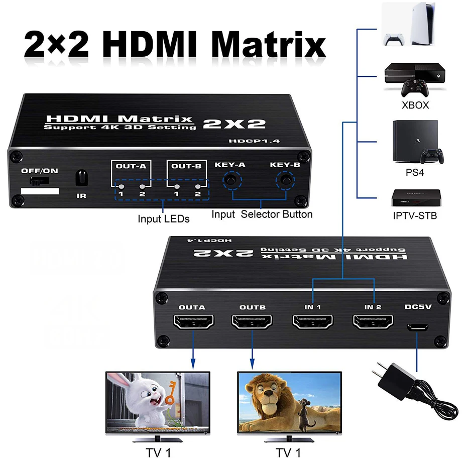 Conmutador de matriz HDMI 4K, conmutador divisor 2X2, entrada HDMI, 2 salidas, matriz de interruptor HDMI 4K 30Hz HDCP 1,4 para reproductor de DVD PS4 HDTV - imagen 2