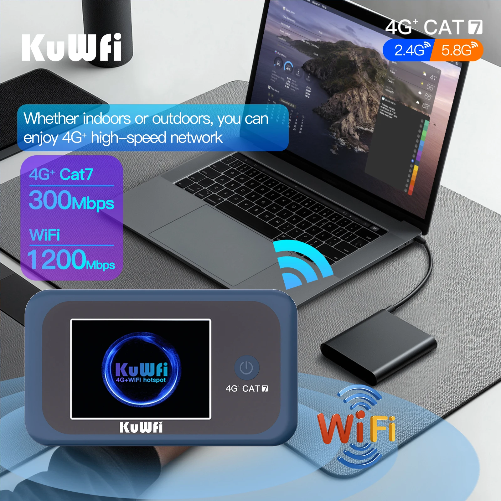 KuWFi CAT7 4G + LTE Router 1200Mbps 2,4G 5G WiFi único portátil viaje 4G módem móvil batería de 3000mAh 10 usuarios con ranura USIM - imagen 2