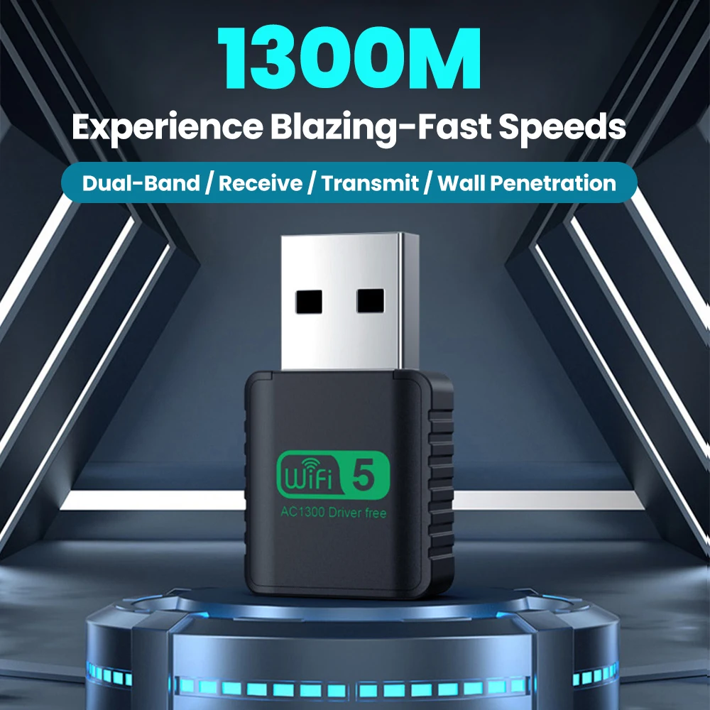 Tarjeta de red inalámbrica de doble banda de 2,4G/5,8 GHz, tarjeta de red inalámbrica USB, receptor WiFi de 1300M, sin controlador para Win XP/7/8/8,1/10/11 - imagen 2