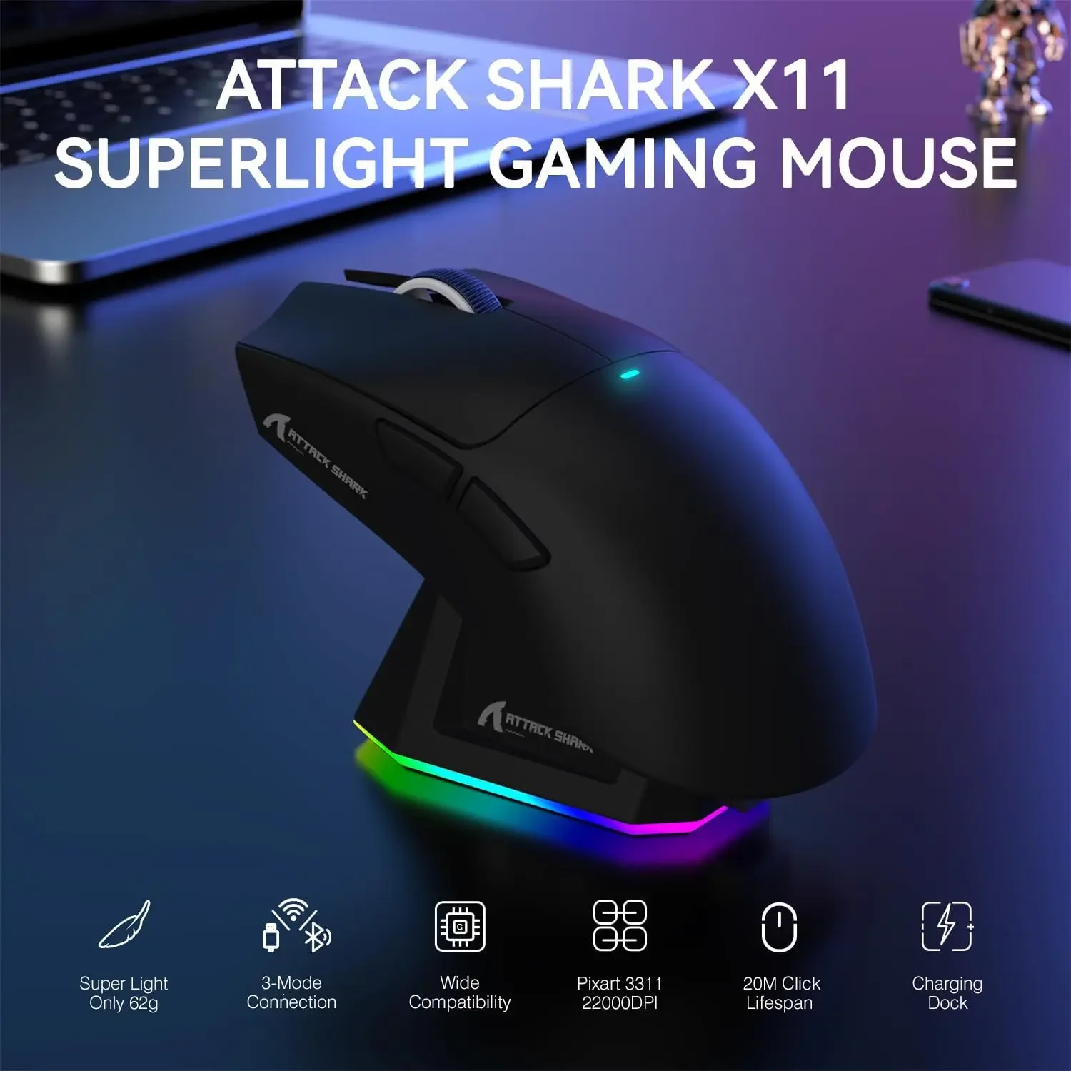 ATTACK SHARK X11 Ratón inalámbrico ligero para juegos de tres modos con base de carga RGB Sensor óptico PAW3311 22K DPI PC/Mac - imagen 2